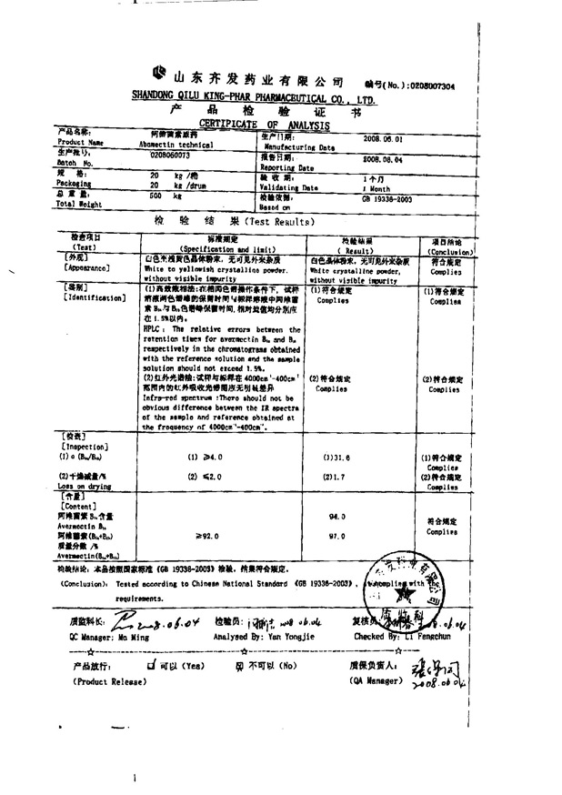 阿維菌素產(chǎn)品檢驗證書